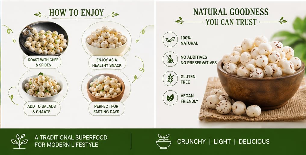 BM ORGANIC FOOD PRODUCTS Phool Makhana 500gm | Naturally Hand-Picked Fox Nuts | Natural Lotus Seeds | Healthy Roasted Snack | High Fiber & Protein Rich | Gluten