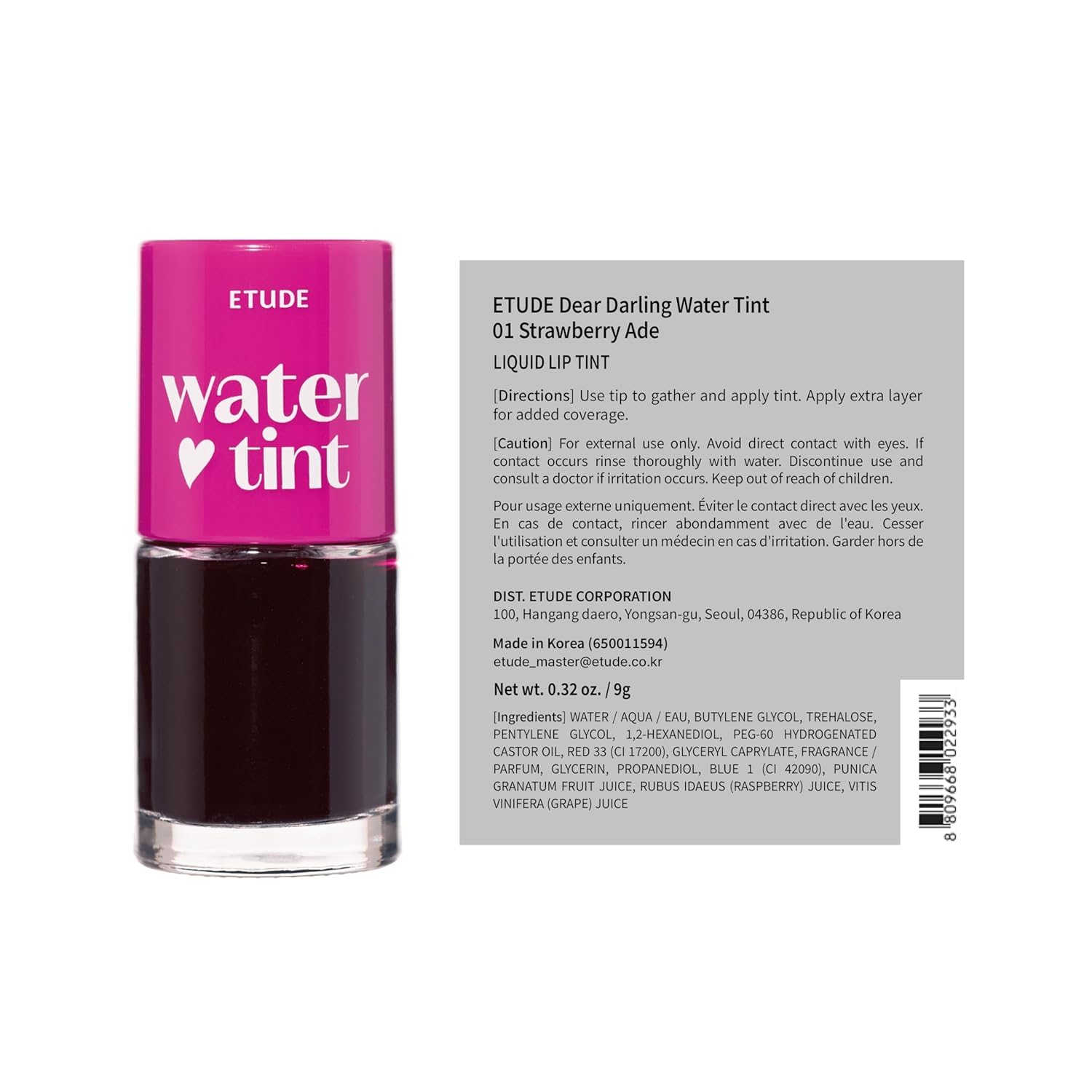 ETUDE Dear Darling Water Gel Luminous Lip & Cheek Tint| Long Lasting, Waterproof, Smudgeproof |Korean Makeup|Shade- 01,Strawberry Ade-9ml