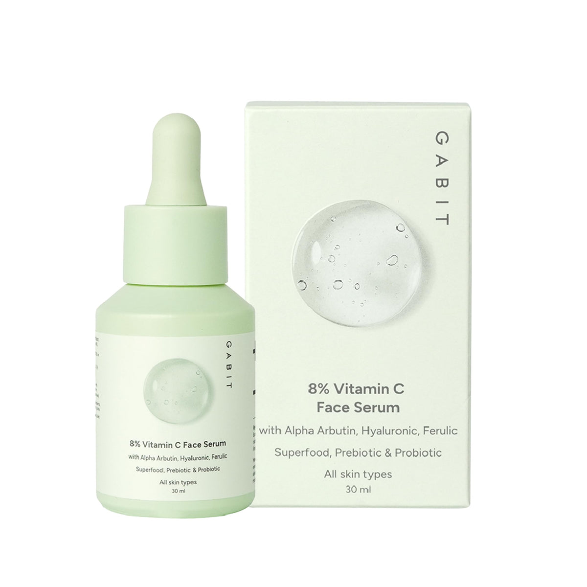 Gabit 8% Vitamin C Face Serum for Glowing Skin | Brightening Serum for Dark Spots, Tanned & Dull Skin; Hydrates | Alpha Arbutin, Hyaluronic, Ferulic, CiCa, Preb