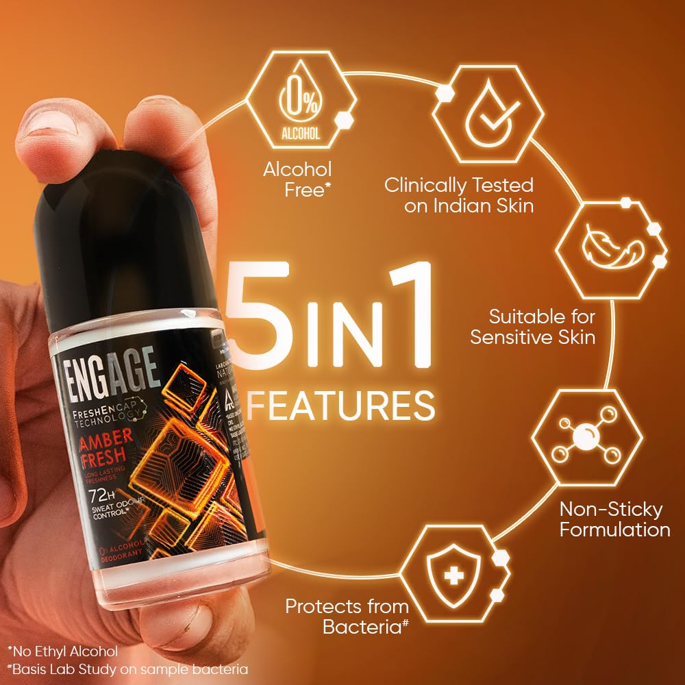 Engage Amber Fresh Underarm Roll On for Man|72 Hour Sweat & Odour Protection|Advanced Antiperspirant Deodorant Formula| FreshEncap Technology|0% Alcohol|Non Sti