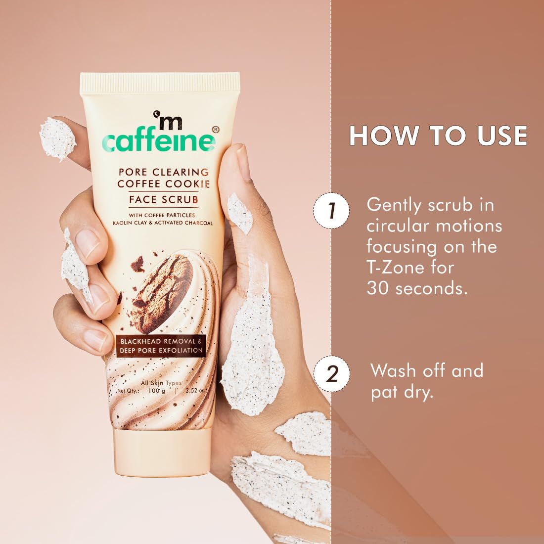 mCaffeine Pore Clearing Coffee & Cookie Face Scrub | Remove Blackheads, Detan & Exfoliate Dead Skin | 4.5% Exfoliants - Walnuts, Coffee, Charcoal, Clay | Glowin