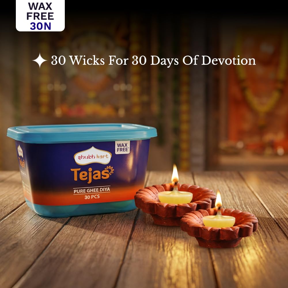 Shubhkart Tejas Ghee Diya with Batti Pack of 30 Diyas | Readymade Ghee Wicks| Diya Batti for Puja, Festivals & Other Religious Rituals| Wax Free (Pack of 1, 30