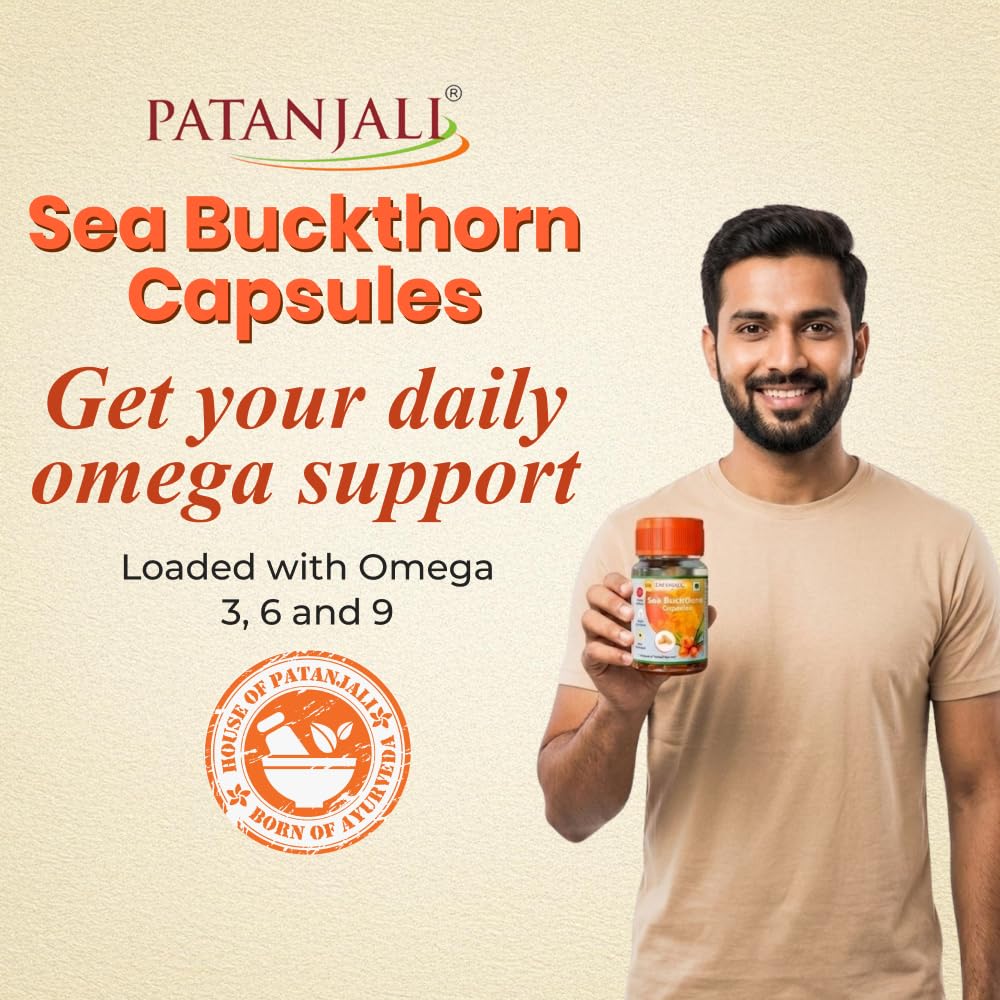 Patanjali Sea Buckthorn Fruit Berry Oil 500mg - 30 Veg HPMC Capsules | Rich in Omega 3, 6 & 9 | Dietary Supplement for Heart Health, Immunity & Deep Skin Hydrat