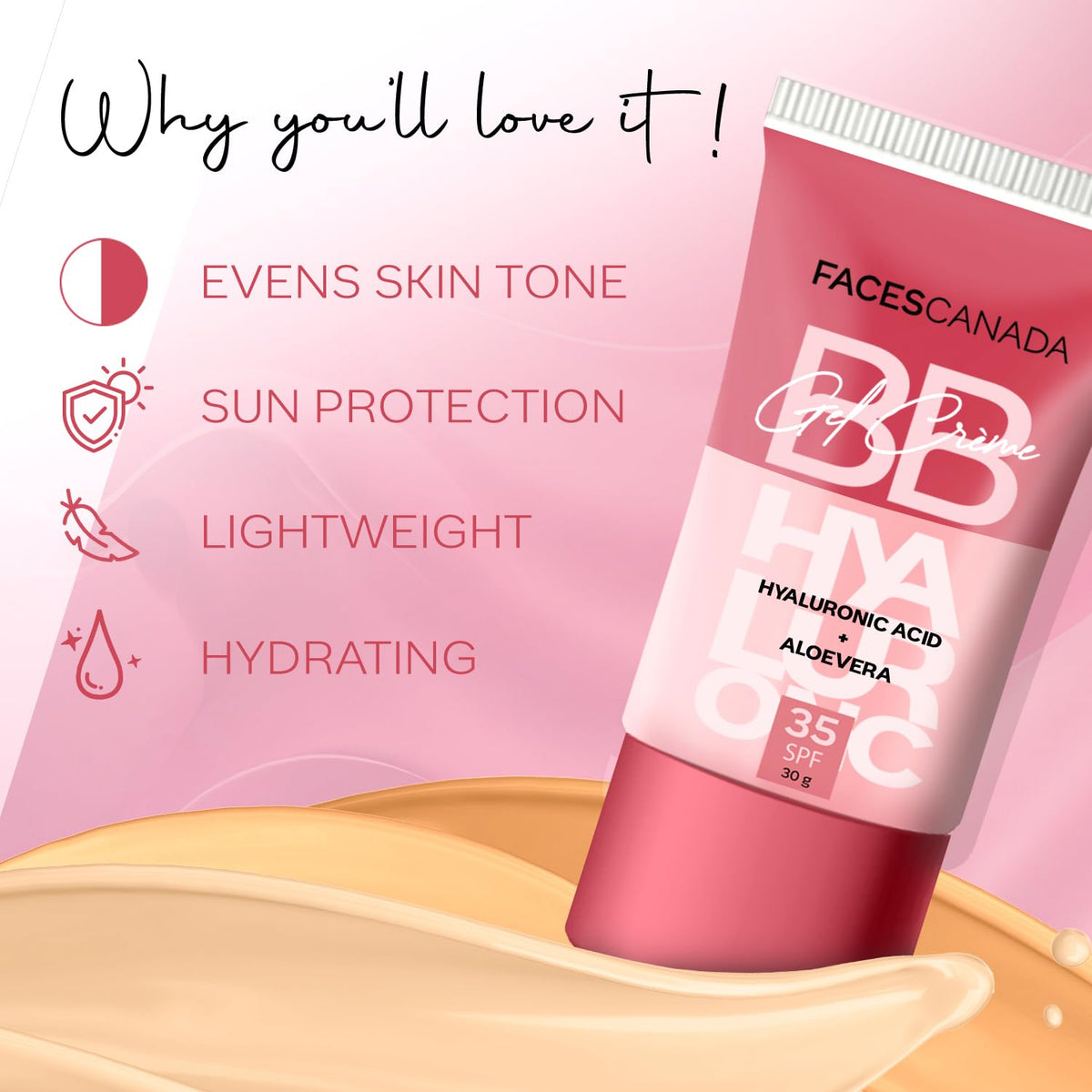 FACESCANADA SPF 35 BB Gel Crème - Light Vanilla, 30g | Multitasking | Even Skin Tone | Instant Glow | Smooth Flawless Matte Finish | Hydrating | Lightweight & N
