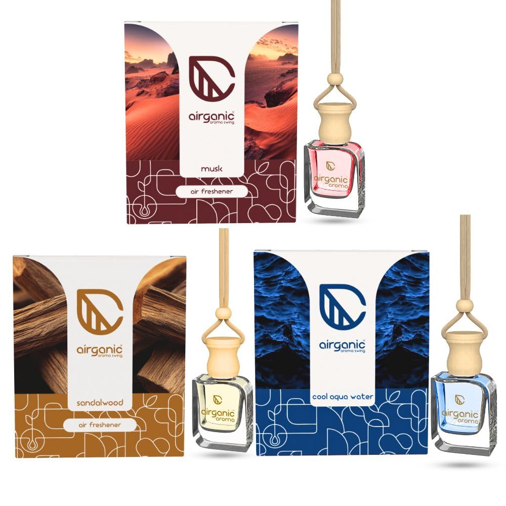 Airganic Swing Prime Car Perfume Hanging Pod-Musk, Sandalwood & Cool aqua Water-Pack 3| Car Air Freshener|Fragrance Oils in Glass Bottle with Wooden Diffuser Li
