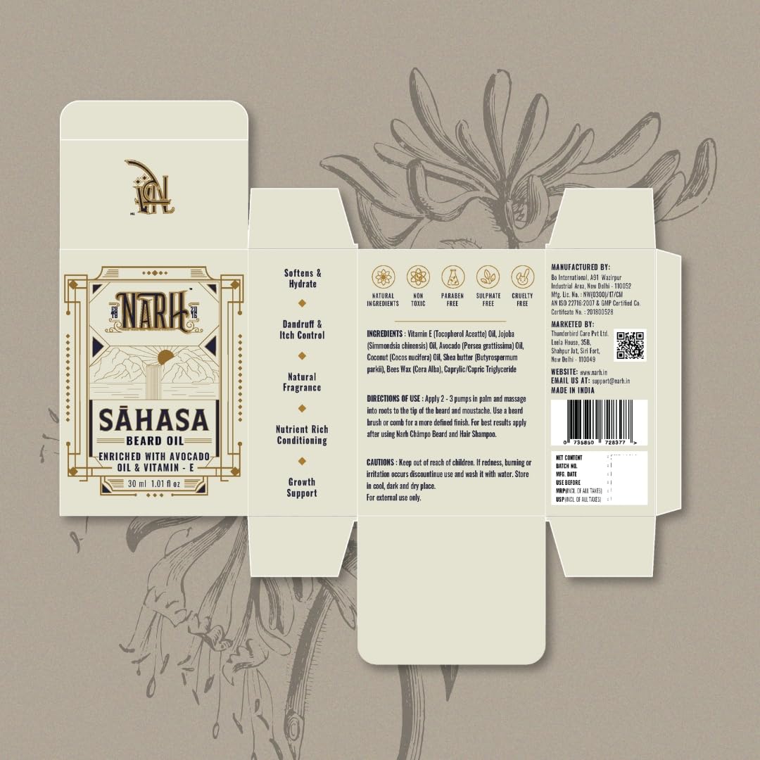 NARH SAHASA | Luxury Beard Oil for Men | Musk Fragrance | All-Natural, Non-Sticky, Beard Hydration & Anti-Dandruff | Enriched with Vitamin E, Jojoba, & Avocado