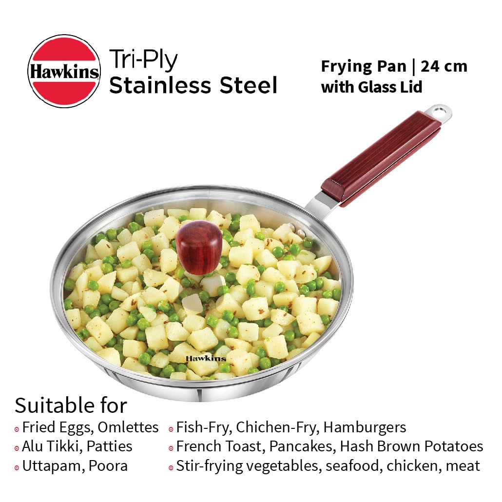 Hawkins 20 cm Frying Pan, Triply Stainless Steel Fry Pan with Glass Lid, Induction Frying Pan, Silver (SSF20G)