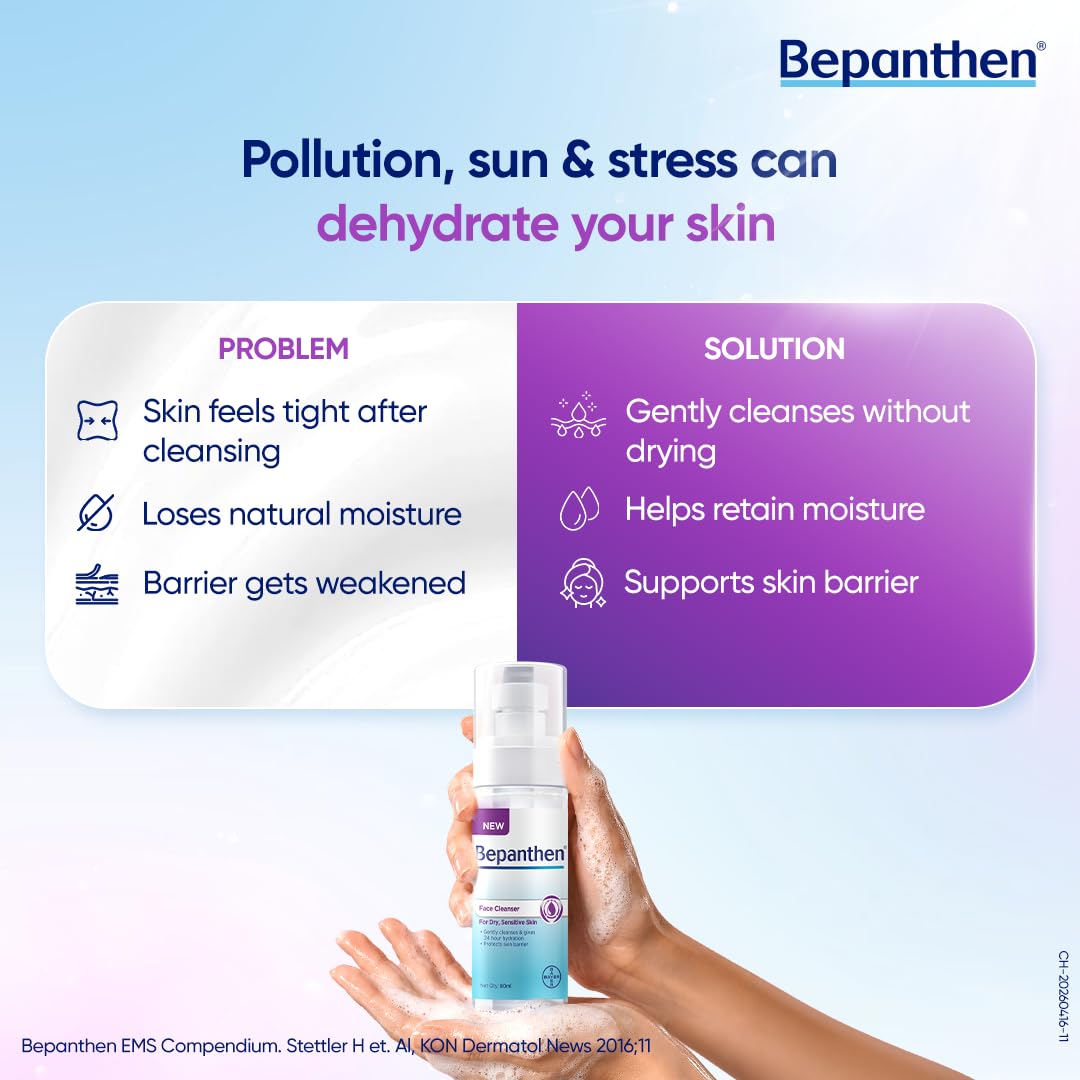 Bepanthen Daily Face Wash, Hydrating Cleanser, Moisturizes, Protects Skin Barrier, Worlds No.1 Skincare Brand, For Dry to Normal, Sensitive Skin, 80ml Facewash