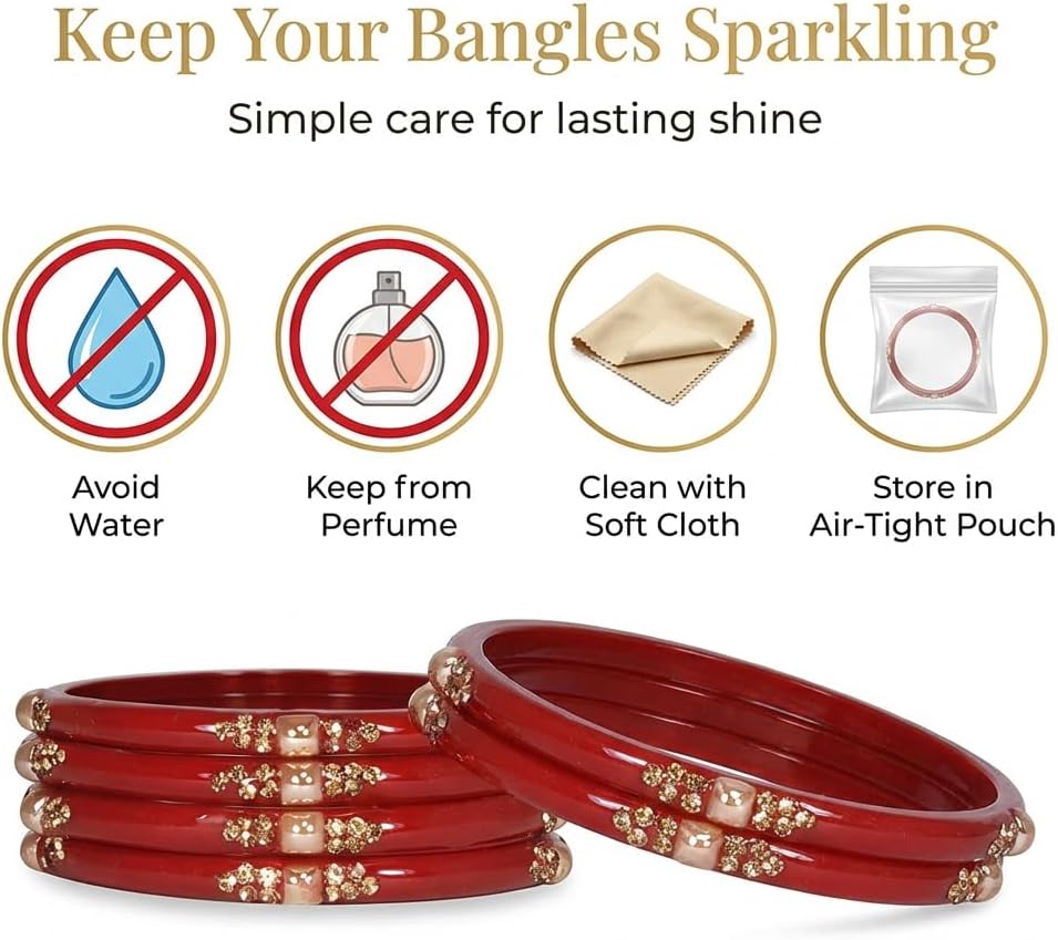 Glass with Zircon Gemstone & Beads Studded worked Glossy Finished Kada Set For Women and Girls | Set of 8 Red 2.6 Inches