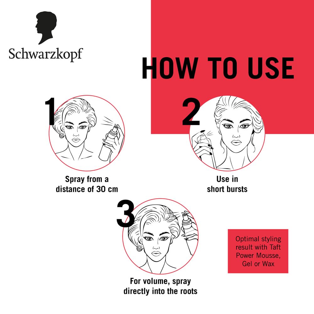 TAFT Schwarzkopf Power Hair Spray With Caffeine Formula For Strengthening Hair Hold 5, 72Hr Hold Protection From UV Rays, Wind And Humidity, No Stickiness, Easy