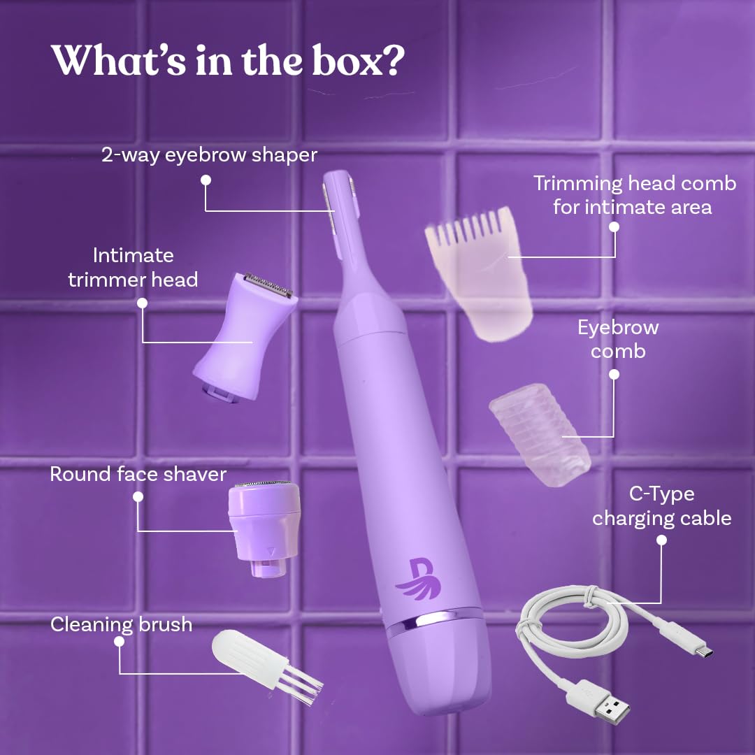 Bombae 6-in-1 Sensitive Trimmer for Women | Facial Hair Removal Machine | Bikini Trimmer for Woman | Private Part | Face, Eyebrow & Underarm | 90 Min Runtime, C
