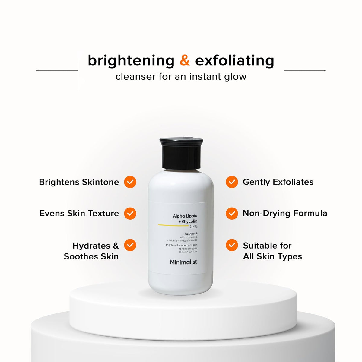 Minimalist 7% ALA + Glycolic Brightening Face Wash | Cleanser with ALA For Glowing Skin, AHA for Exfoliation and Vitamin B5 For Hydration | Sulphate-free | Frag