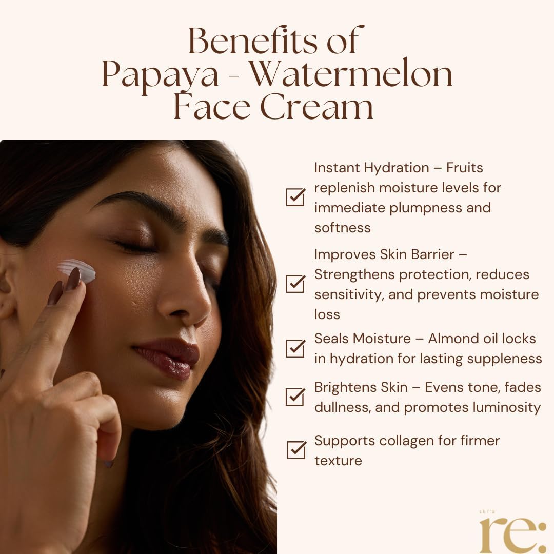 Let's re: Ayurvedic Papaya Watermelon Face Cream for Hydration & Glow | Daily Moisturizer with Sweet Almond Oil | Light Texture, Moisture Lock & Smooth Skin Bar