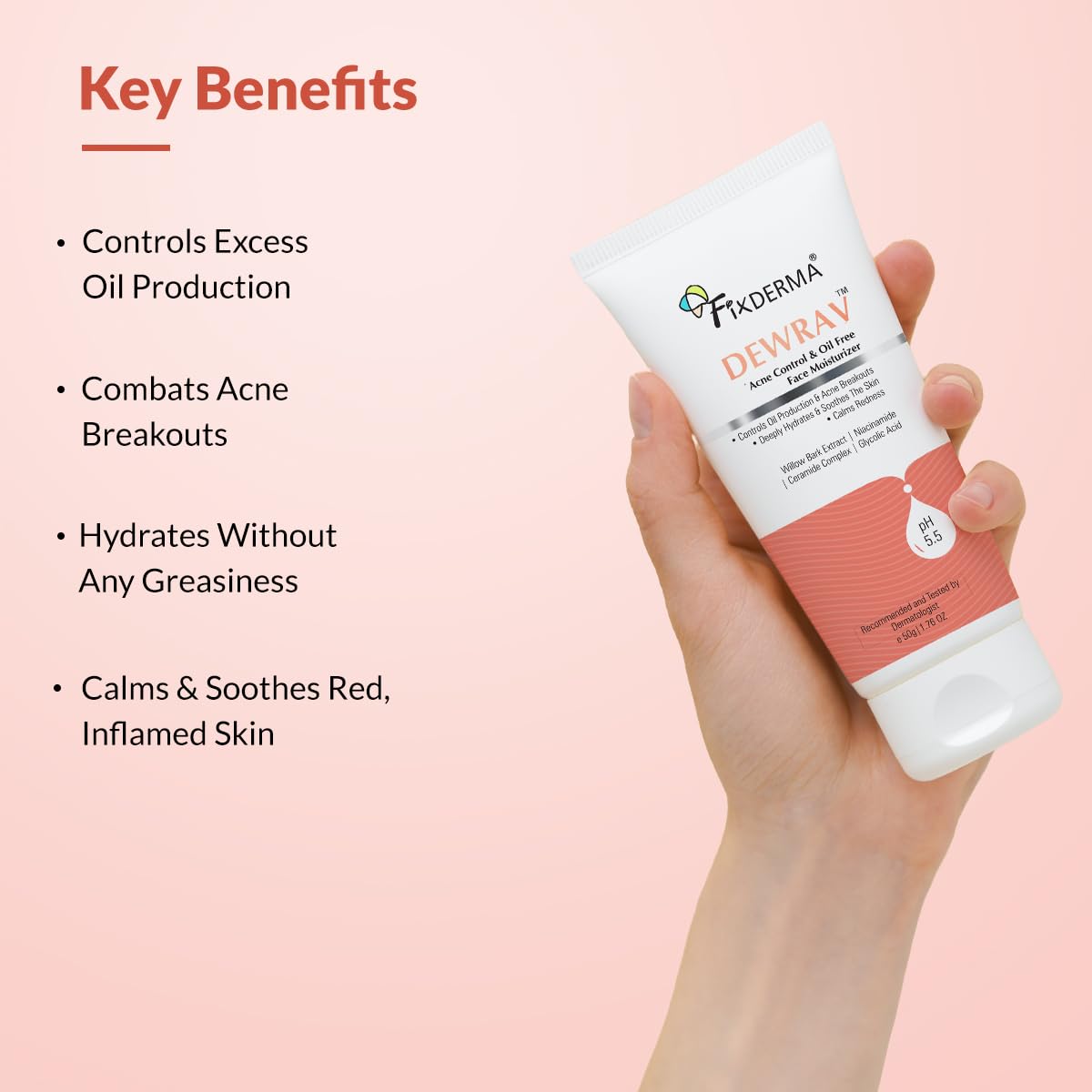 Fixderma Dewrav Acne Control & Oil Free Moisturizer for Face with Glycolic Acid | Niacinamide | Oily Skin | Face Moisturizer for Women & Men - 50 gm Acne 50 g (