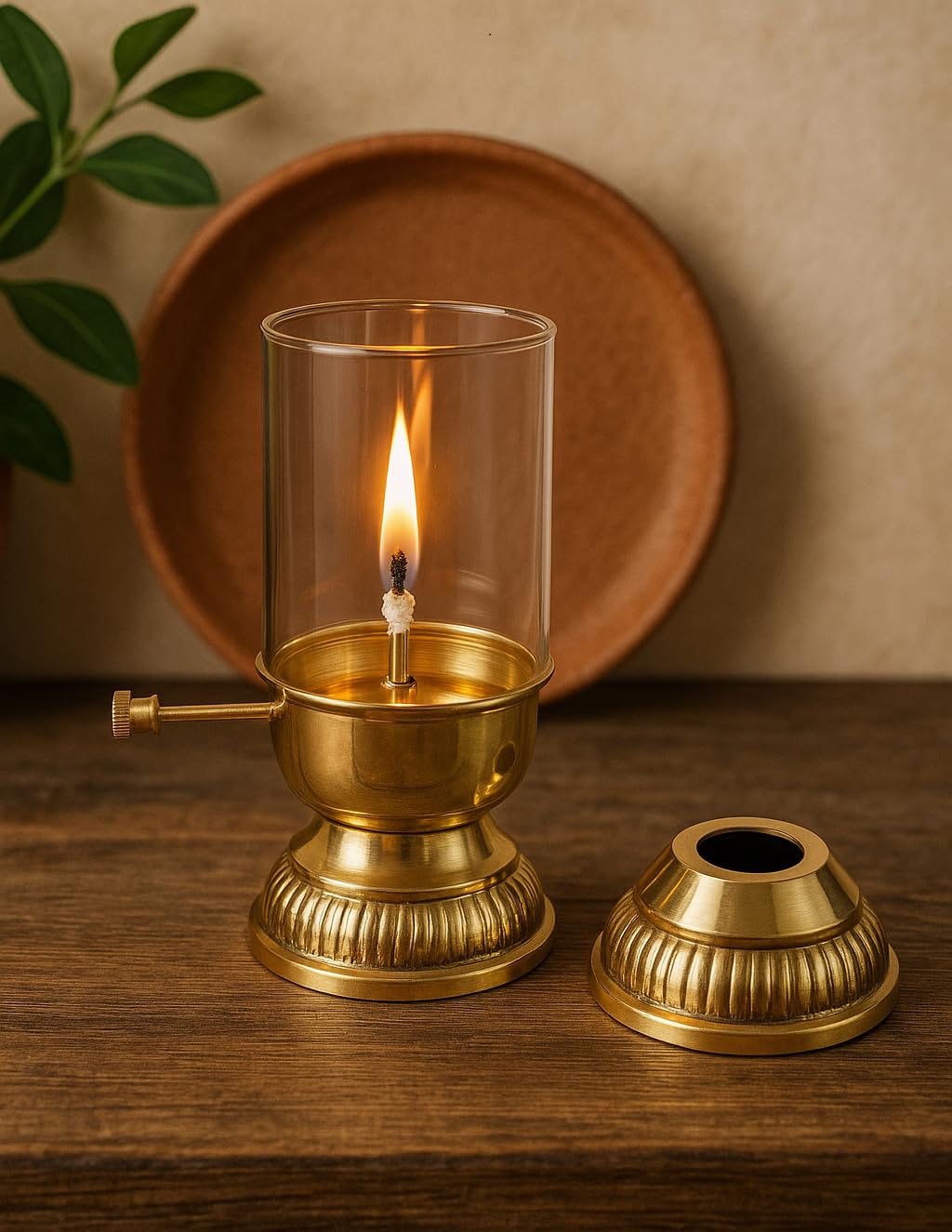 Pooja Brass Akhand Diya with Adjustable Bati, Wick Adjustment Screw, Borosilicate Glass Cover, 80ml Burns Up to 20 Hours for Long Lasting Pooja (15.5CM)