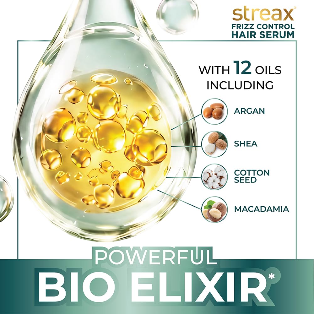 Streax Frizz Control Hair Serum for Dry Frizzy Hair- 100 ml, 72hrs Frizz Free Hair, For Women & Men, With Bio – Elixir, 84% Frizz Reduction & 11X smoothness 100