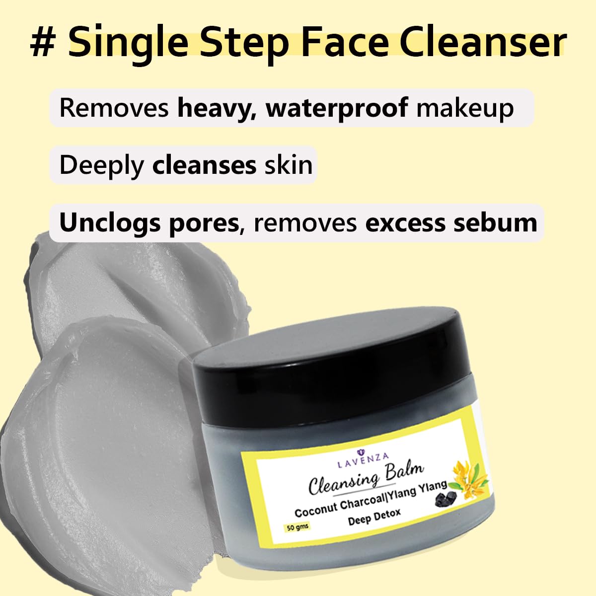 Lavenza Detoxifying Cleansing Balm – pH-Balanced Daily Face Wash + Makeup Remover | With Natural Ceramides in Skin-Like Oils & Plant Butters | Soap-Free, Silico