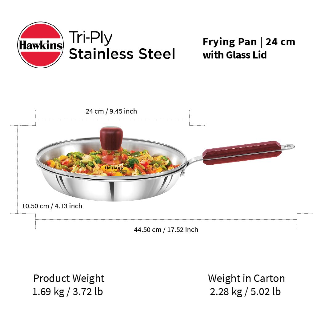 Hawkins 20 cm Frying Pan, Triply Stainless Steel Fry Pan with Glass Lid, Induction Frying Pan, Silver (SSF20G)