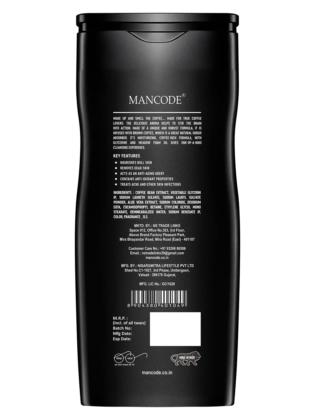 MAN CODE Coffee Body Wash For Men 450Ml | For Body, Face With Coffee And Natural Oils Extract | Oil Control | Odor Protection | 450 Ml Shower Gel For Men (Pack