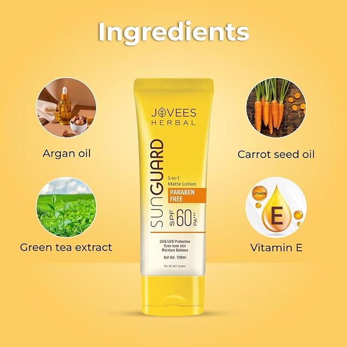 Jovees Herbal Sun Guard Lotion SPF 60 PA++++ | 3 in 1 Matte Lotion | Daily Use, UVA/UVB Protection, Moisture Balance, Even Tone Skin | Boot star 4 Rating | For
