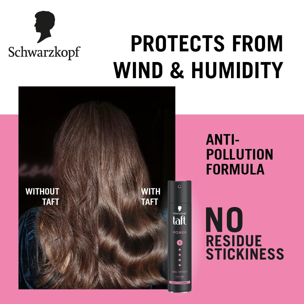 Schwarzkopf TAFT Power Hold 5 Hair Spray for Heat Protection, Cashmere like Softness for Dry, Damaged Hair | No Stickiness | Easy To Brush Out | For Salon Like