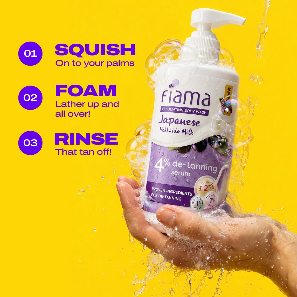 Fiama 4% Detan Serum Exfoliating Body Wash 250ml, 2% Salicylic Acid, 1% Glycolic Acid, 1% Exfoliating Tan Removal Shower Gel, Gently removes dead skin | Exotic