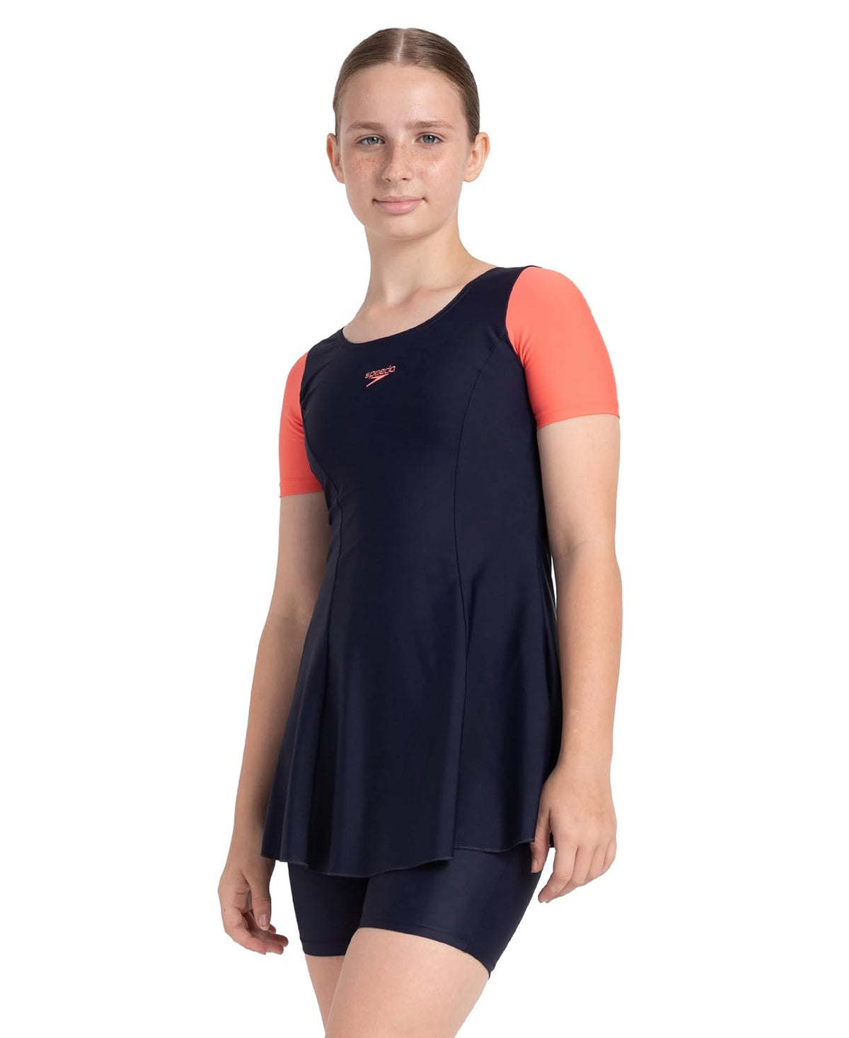Speedo Girl's Endurance10 Sleeved Closedback Swimdress with Boyleg - True Navy & Coral Sands