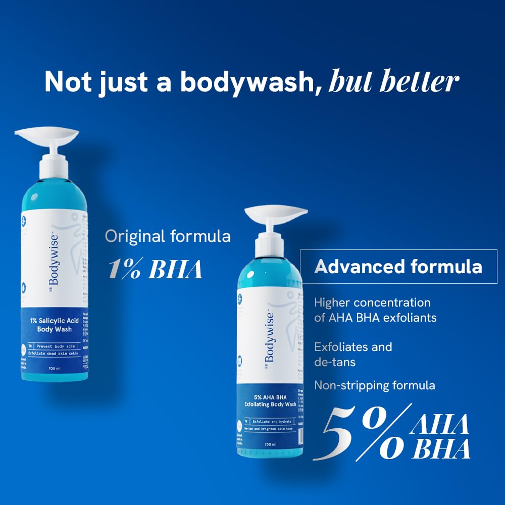 Be Bodywise 5% AHA BHA Exfoliating Detan Body Wash 700ml | For Body Acne, Strawberry Skin, De-Tan | Infused with 3% Lactic Acid, 1% Salicylic Acid, 1% Glycolic Acid | Non-Drying, Paraben Free