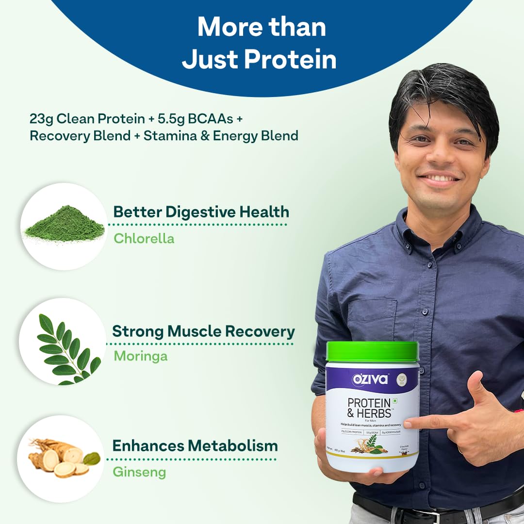 OZiva Protein & Herbs for Men, No Added Sugar, Green Tea, Cafe Mocha, 453g