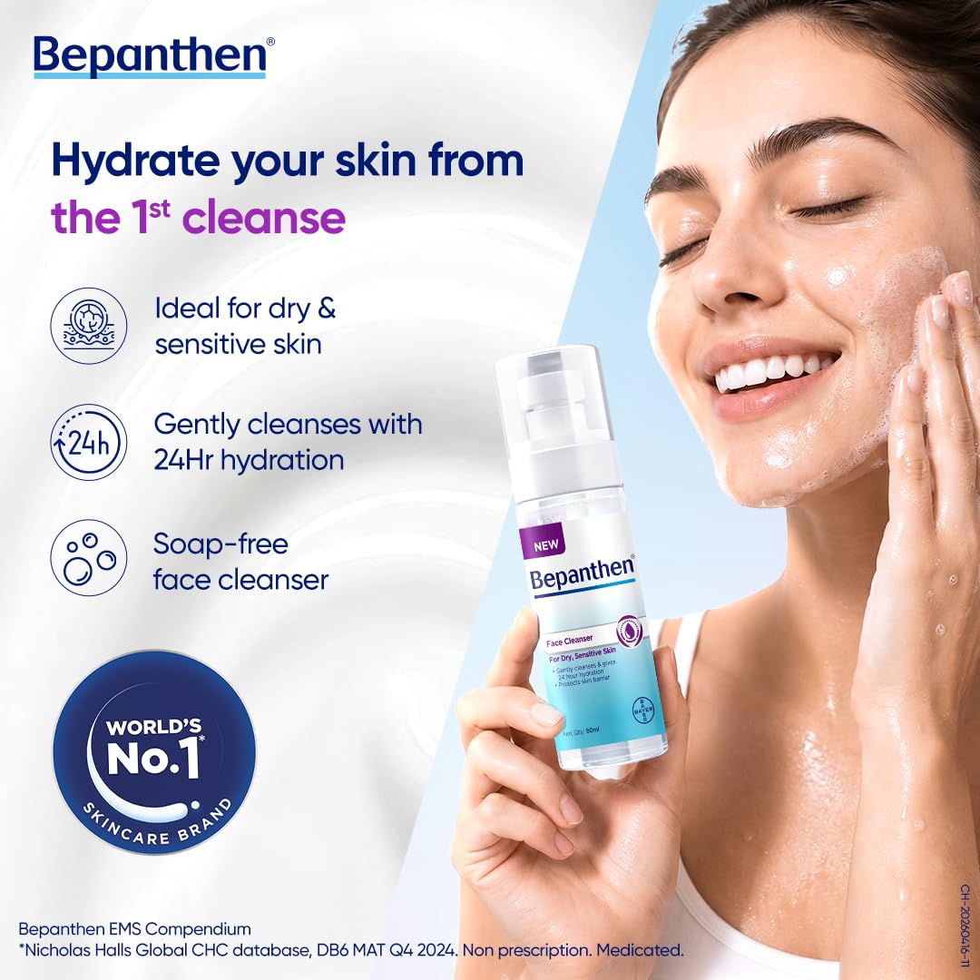 Bepanthen Daily Face Wash, Hydrating Cleanser, Moisturizes, Protects Skin Barrier, Worlds No.1 Skincare Brand, For Dry to Normal, Sensitive Skin, 80ml Facewash