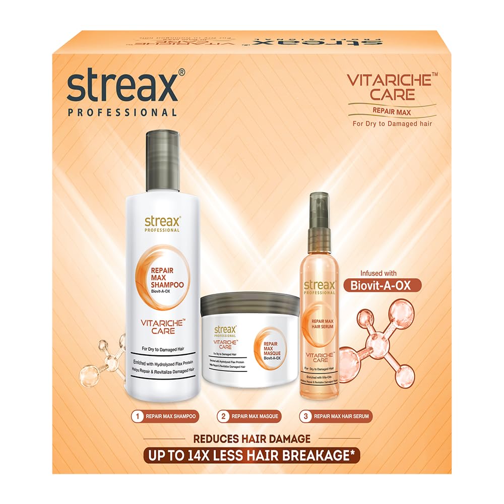Streax Professional Vitariche Repair Max - Damage Repair Post care Combo Kit (Shampoo + Masque + Serum)