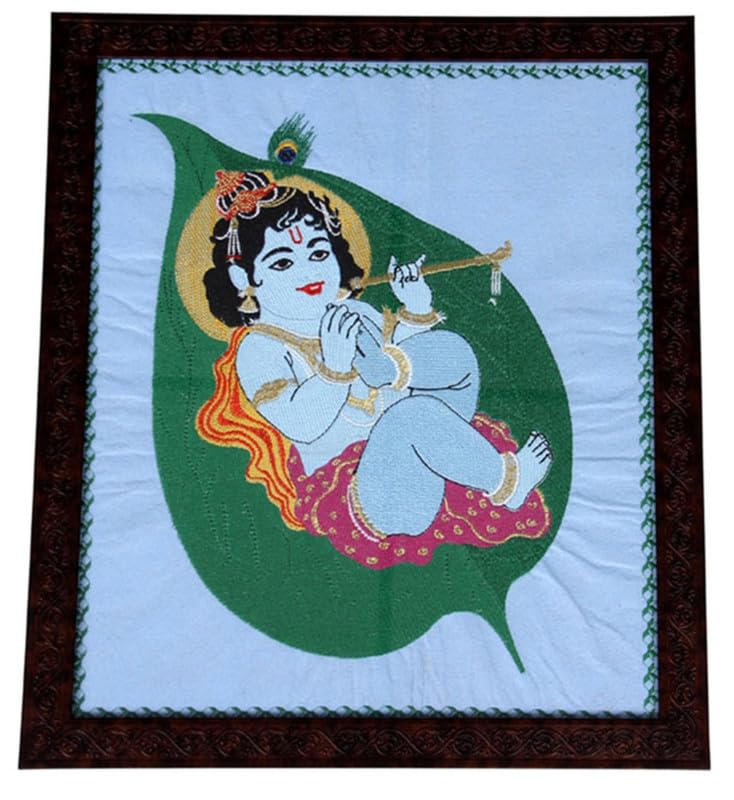 ASA_01EMBROIDERY Framed Canvas Painting Spiritual Art Wall Painting for Living Room, Bedroom, Office, Hotels, Drawing Room(Krishna)(ASA GD 006)