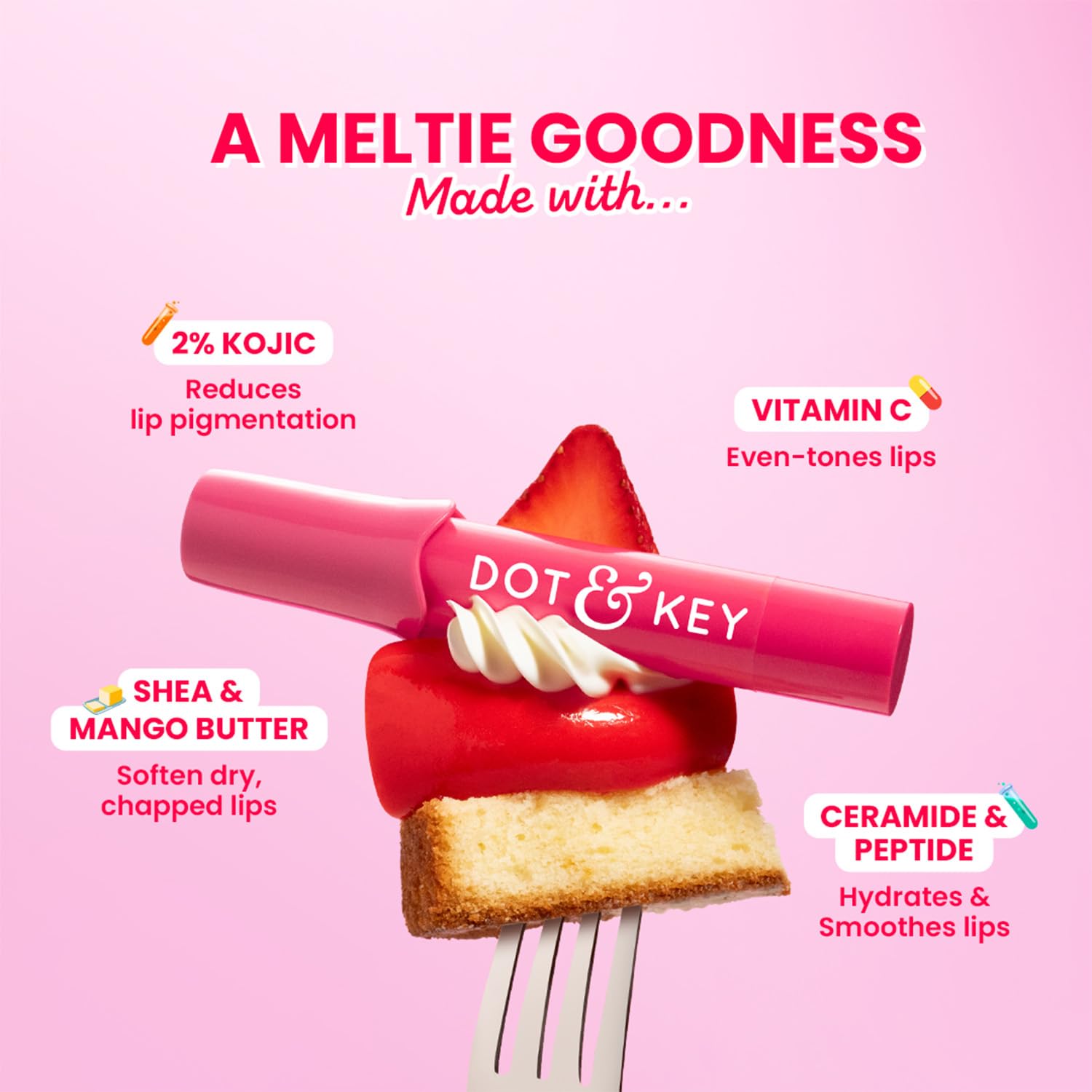 Dot & Key Meltie Lip Balm SPF 50+++ In-Vivo Tested With 2% Kojic & Vitamin C | Hydrates Dry, Chapped Lips, Lightens Pigmentation, Brightens Lips | With Shea & Mango Butters, Peptide Infused | Strawberry Glaze | 4g