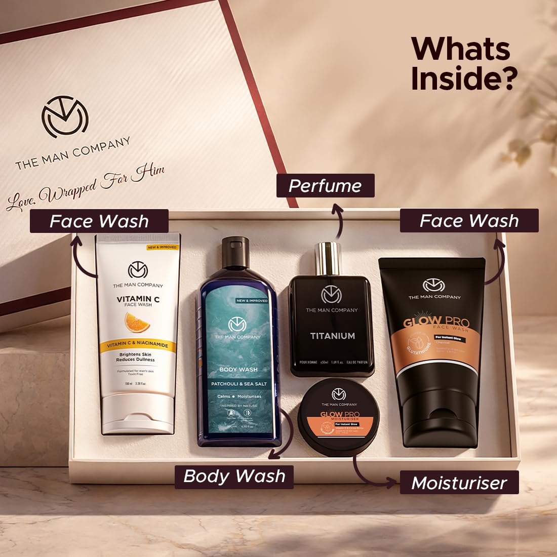 The Man Company Men's Grooming Kit - Unforgettable Him | Set of 5 | Premium Grooming Gift Set with Vitamin C Face Wash, Glow Pro Charcoal Face Wash, Patchouli &