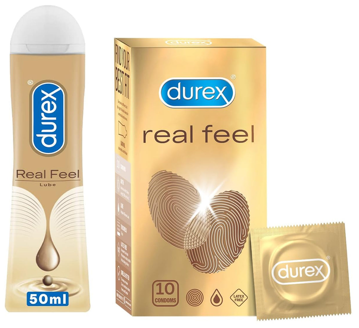 Durex Real Feel Condoms for Men - 10 Count with Long-Lasting Lubricant - 50ml |Latex Free