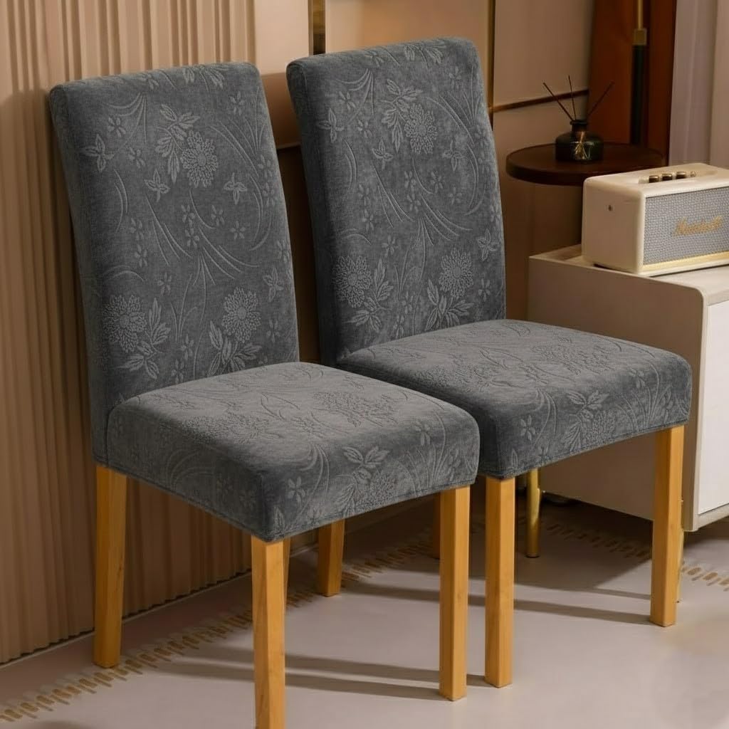 HOMETHREADS High-Elasticity Velvet Fabric Chair Seat Cover -Long-Lasting, Washable Protective Cover Ideal for Dining Chairs, Kitchen Seating (Grey, Pack of 2) G