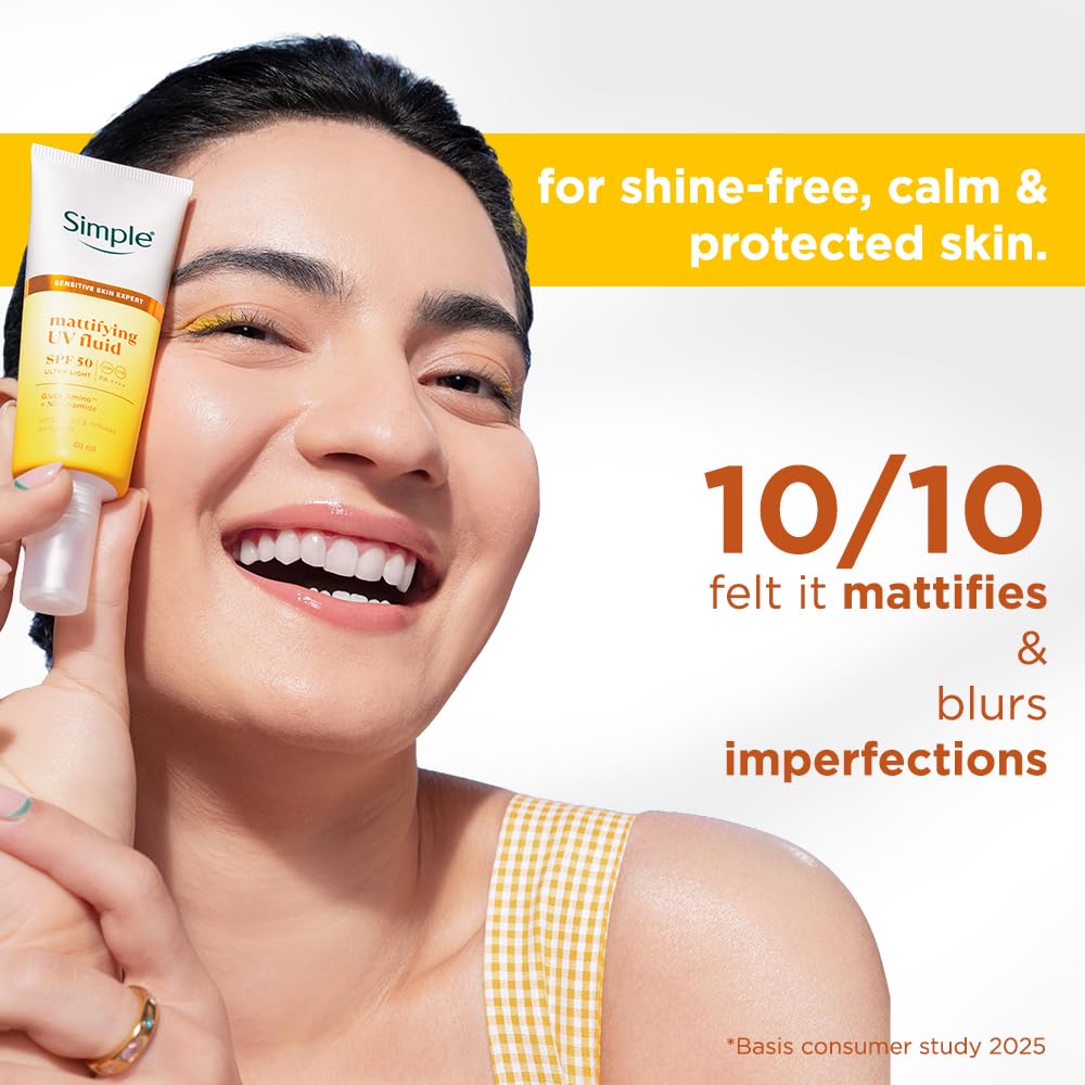 Simple Mattifying UV Fluid |SPF 50 PA++++ | With Niacinamide & GlutaAmino Technology| Sunscreen for Oily Skin & Dark Spots |Ultra Lightweight & Non-Sticky | UVA