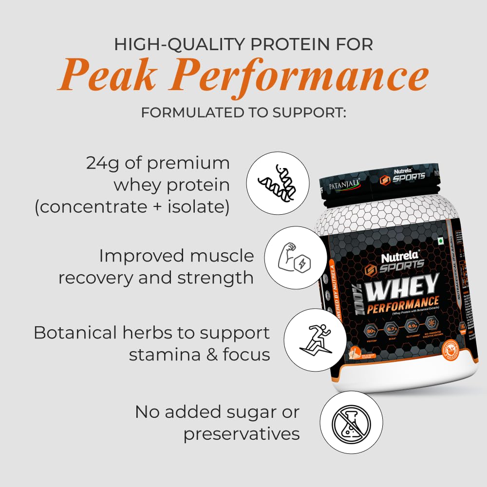 NUTRELA Sports Patanjali Whey Protein 1kg | Concentrate + Isolate | 24g Protein Per Scoop | 6.7g BCAA, 4.9g Glutamine with Digestive Enzymes for quick absorptio