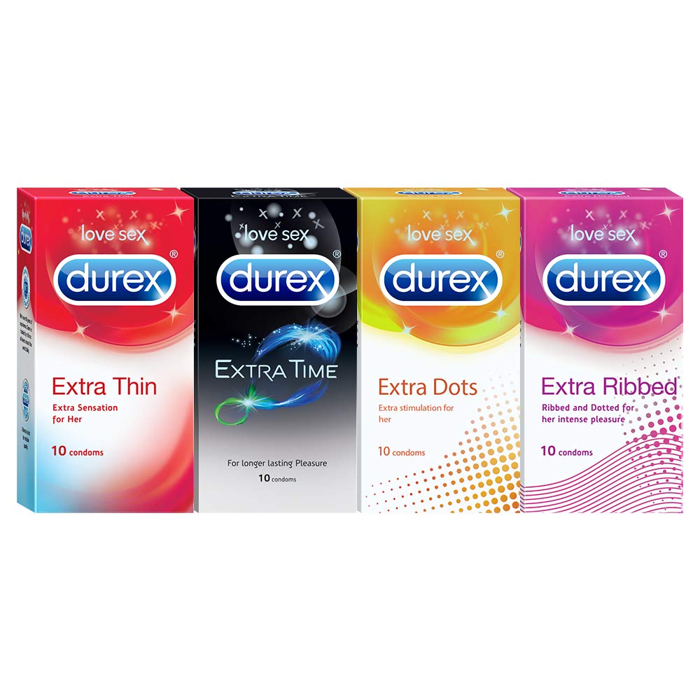 Durex 10 Count Condoms - Extra Thin, Ribbed, Dotted, Time & Mutual Climax (Pack of 4) with Lubrication