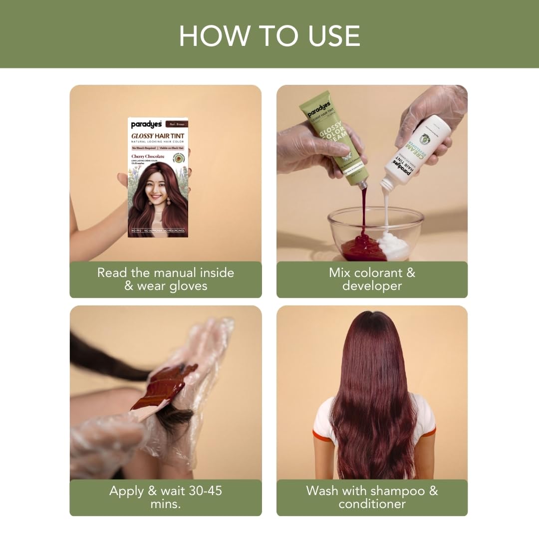 Paradyes Cherry Chocolate No Bleach Hair Tint | Glossy Hair Color | Visible on Virgin Black Hair | Natural-Looking, Glossy Finish | PPD-Free
