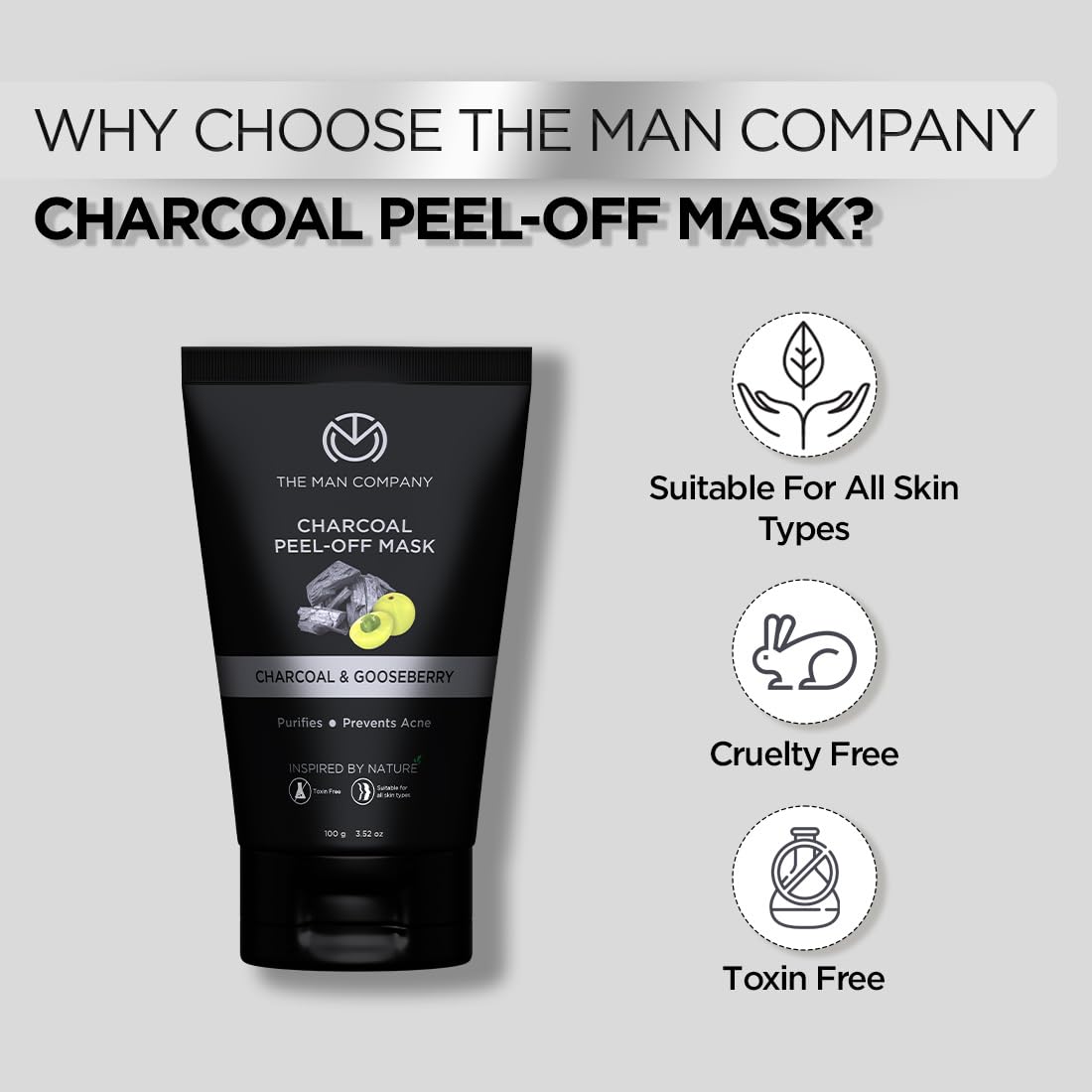 The Man Company Activated Charcoal Peel Off Face Mask for Man | Deep Cleansing | Blackhead/Whitehead & Dead Skin Removal | Paraben & Sulphate Free - 100gm