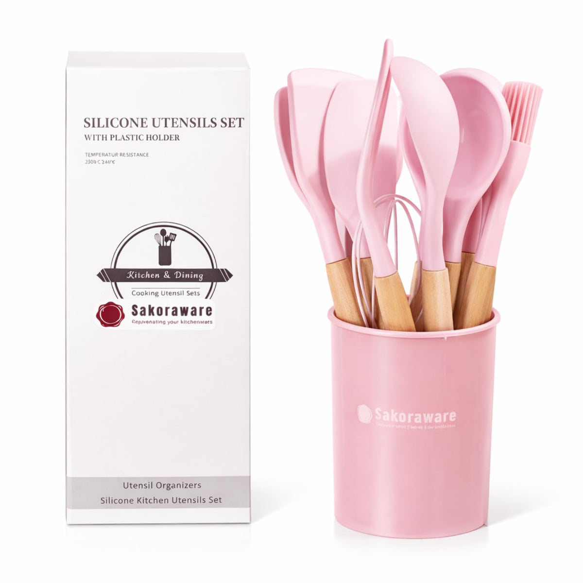 Sakoraware Silicone Kitchen Utensils Spoon Spatula Cooking 12 Pcs Set | Baking Set | Non-Stick with Wooden Handle- BPA Free, Heat Resistant Item Flexible Non To