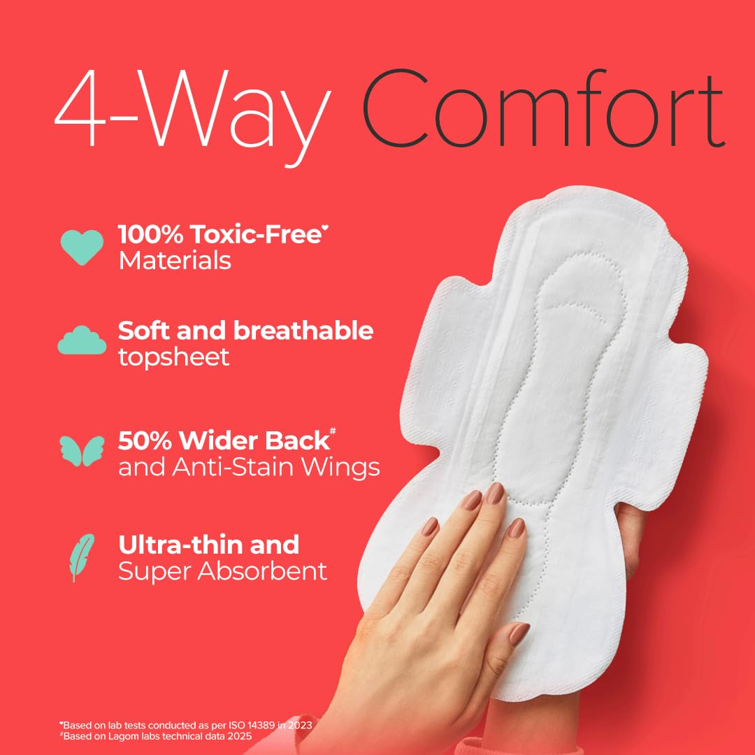 Nua Complete Comfort Sanitary Pads for Sensitive Skin | Pack of 50 Pads (12 Heavy Flow, 20 Medium Flow, 18 Light Flow) with Disposal covers | Zero Irritation |