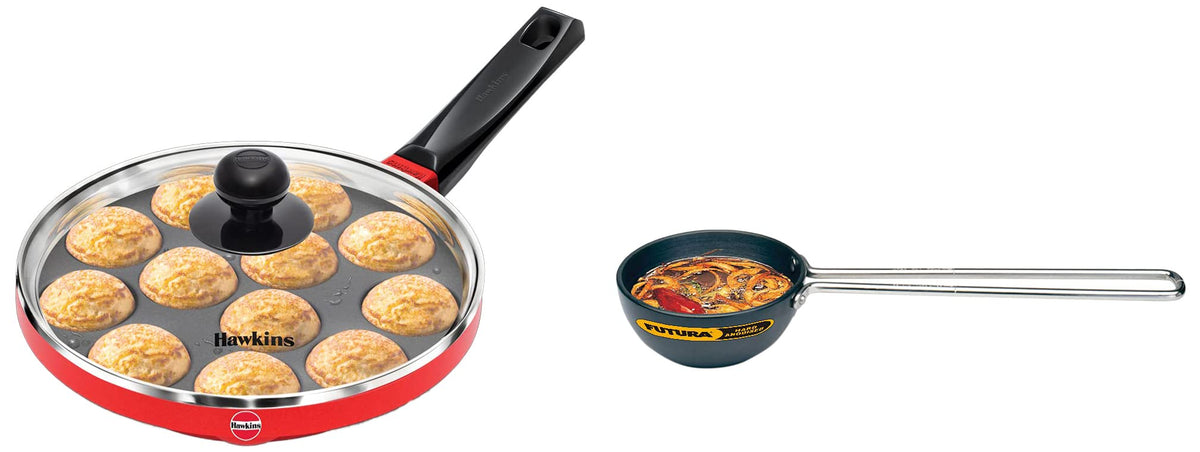 Hawkins Futura 22 cm Appe Pan, Non Stick Paniyaram Pan with Lid Idli Stand - 12 Idlis, (for 5ltr) Futura Small Tadka Pan