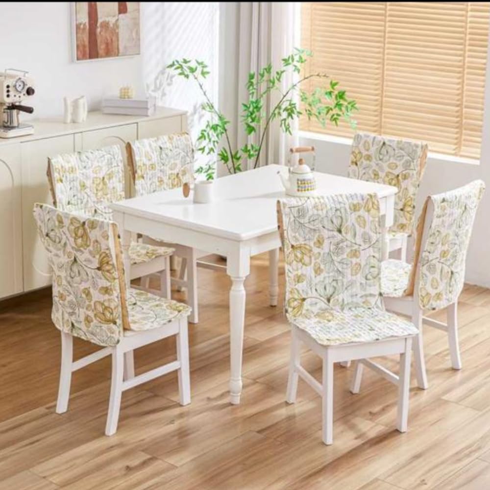 HOMETHREADS Universal-Fit Cotton Fabric Chair Cover Comfortable Cushioned Seating Pad with Anti-Slip Back, Perfect for Kitchen,Dining Room (White_Green, Pack of
