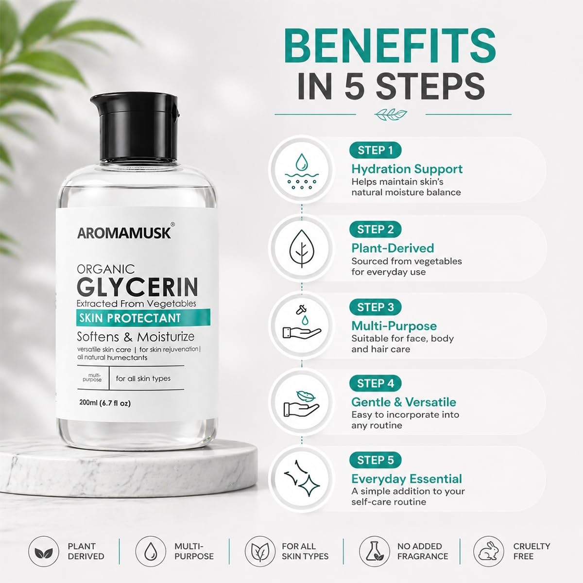 AromaMusk Organic And Pure Vegetable Glycerine For Face | Softens & Moisturizes – Pure & Natural Glycerine Liquid for Face, Beauty and Skin Care - 200ml