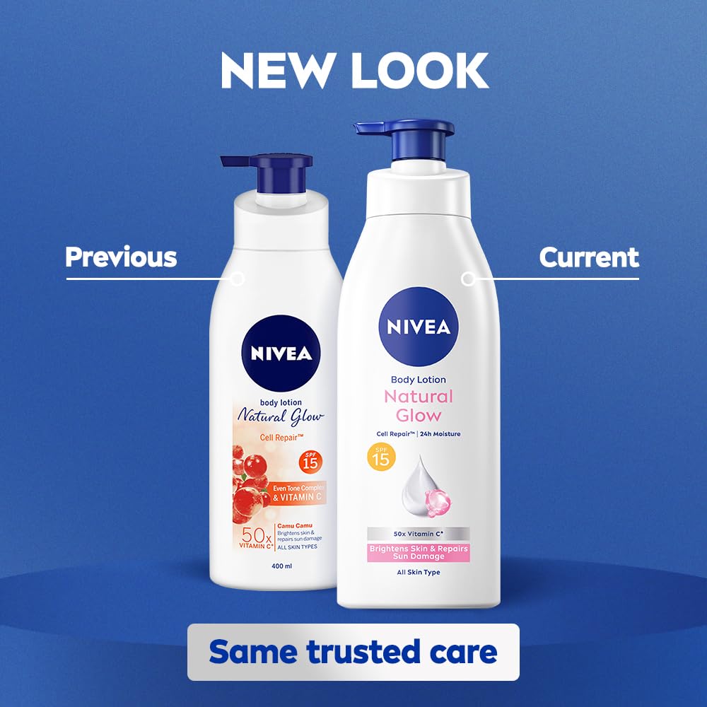 NIVEA Natural Glow Cell Repair Body Lotion with SPF 15 And UV A & B Filters | 50X Vitamin C | 24H Hydration | Even Skin Tone in 7 Days | Brightens Skin and Repa