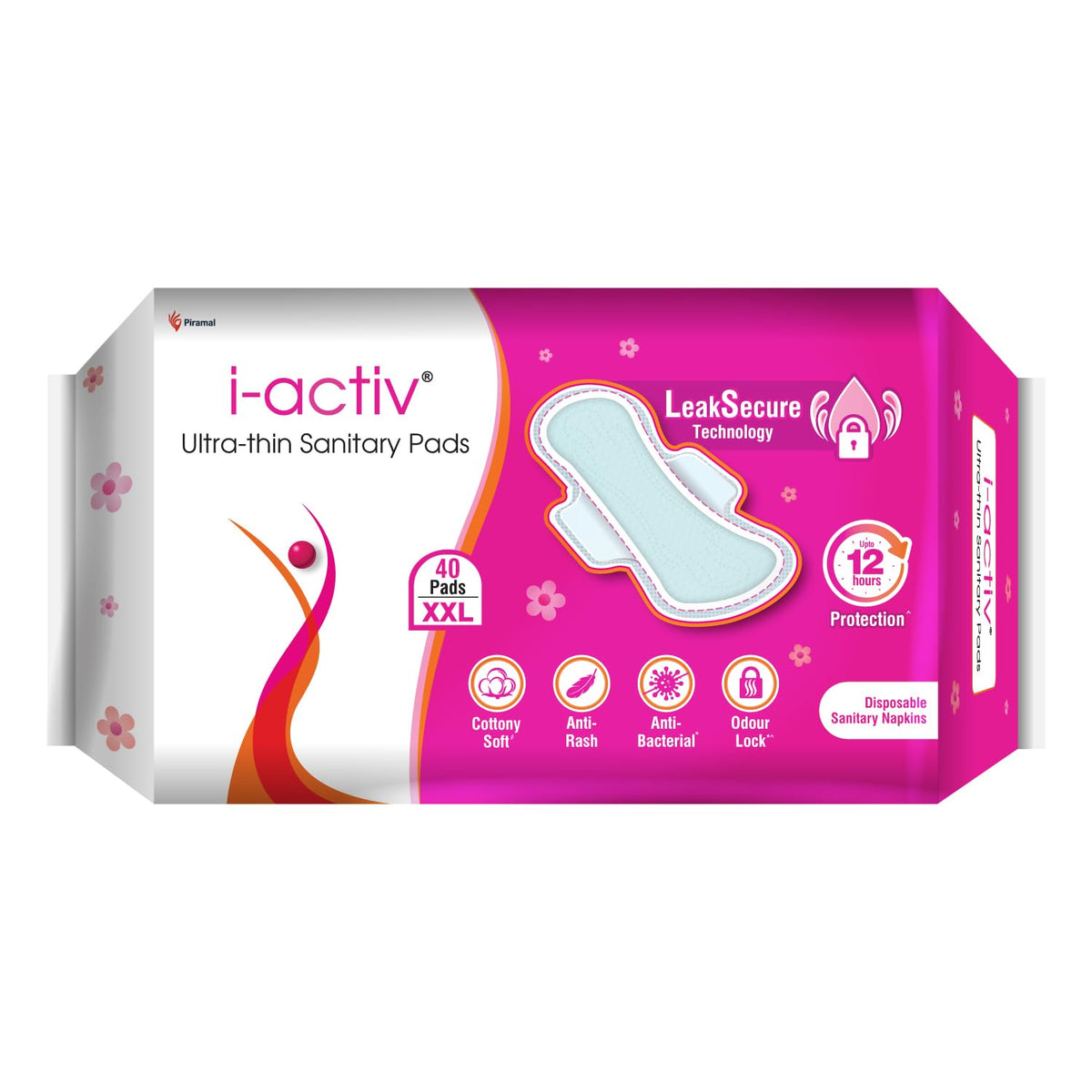 I activ Ultra Thin Sanitary Pads for Women XXL | 40 Pads | Anti-Rash Anti-Bacterial Cottony Soft Sanitary Napkins | No Nasties | Upto 12 Hours Heavy Flow Leak P