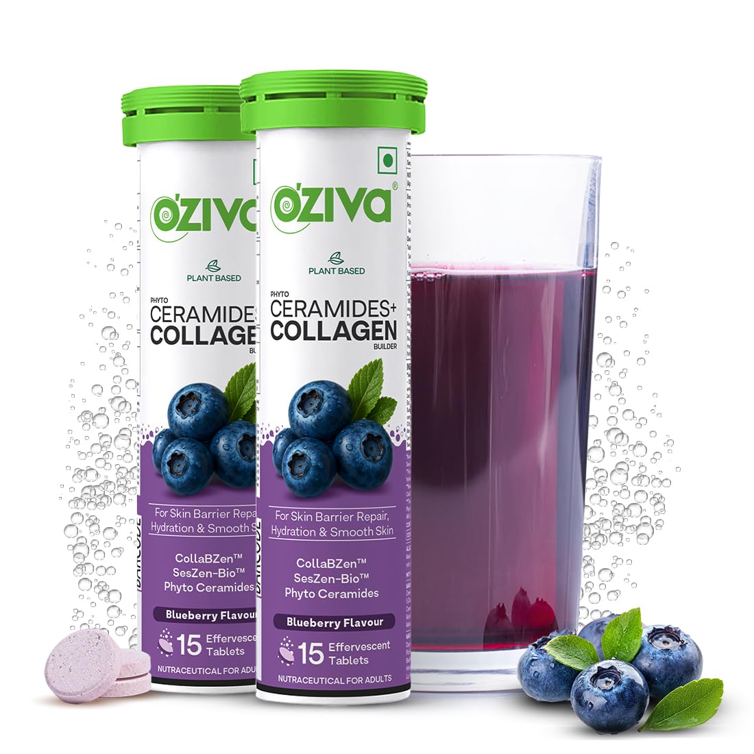 OZiva Phyto Ceramides+ Collagen Builder, Blueberry, 30 Tabs, Pack of 2 Pack of 2 - Starter Pack (1 Month) Blueberry