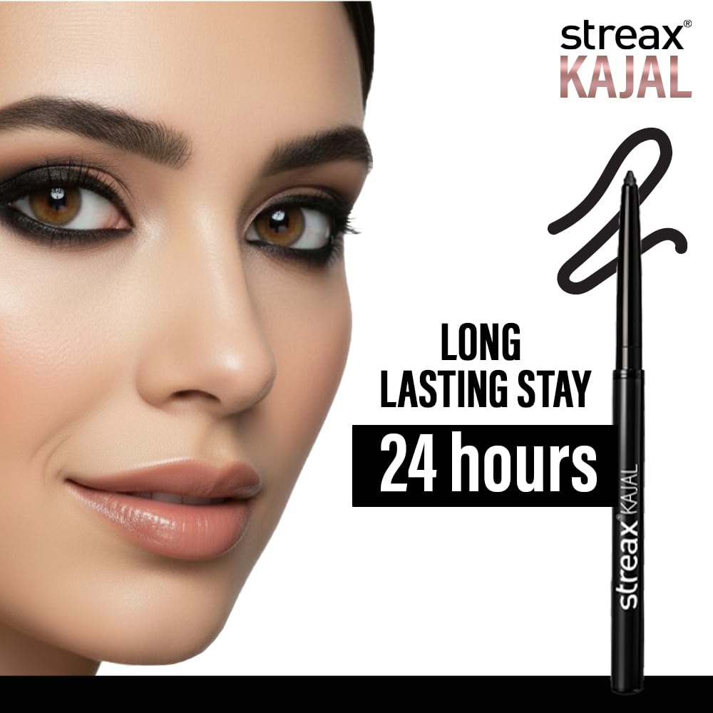 Streax Kajal Pencil for Women Intense Black, Waterproof, Smudge Proof, 24 Hours Long Stay, One Stroke Application - 0.35gm 0.35 g (Pack of 1)